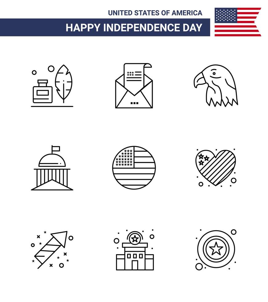 Pack of 9 USA Independence Day Celebration Lines Signs and 4th July Symbols such as irish green mail flag usa Editable USA Day Vector Design Elements