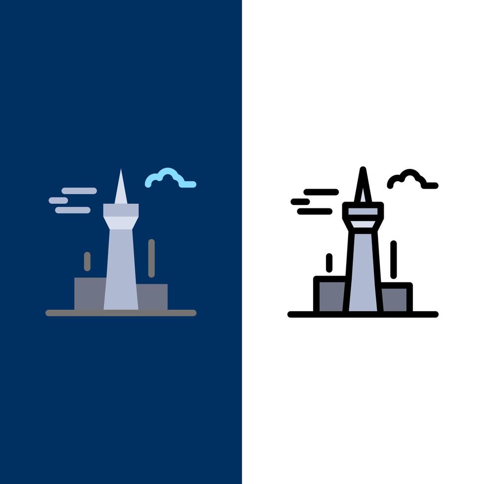 arquitectura y edificios de la ciudad canadá torre hito iconos planos y llenos de línea conjunto de iconos vector fondo azul