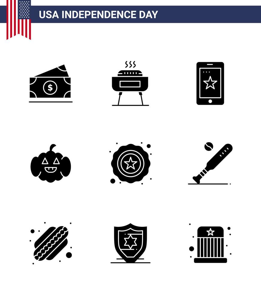 Set of 9 Vector Solid Glyphs on 4th July USA Independence Day such as usa police mobile usa pumkin Editable USA Day Vector Design Elements
