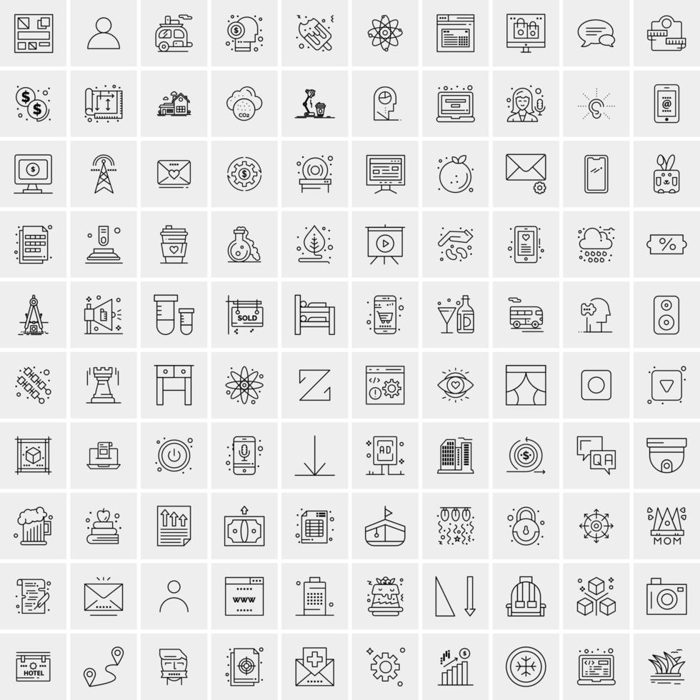 100 Universal Black Line Icons on White Background vector