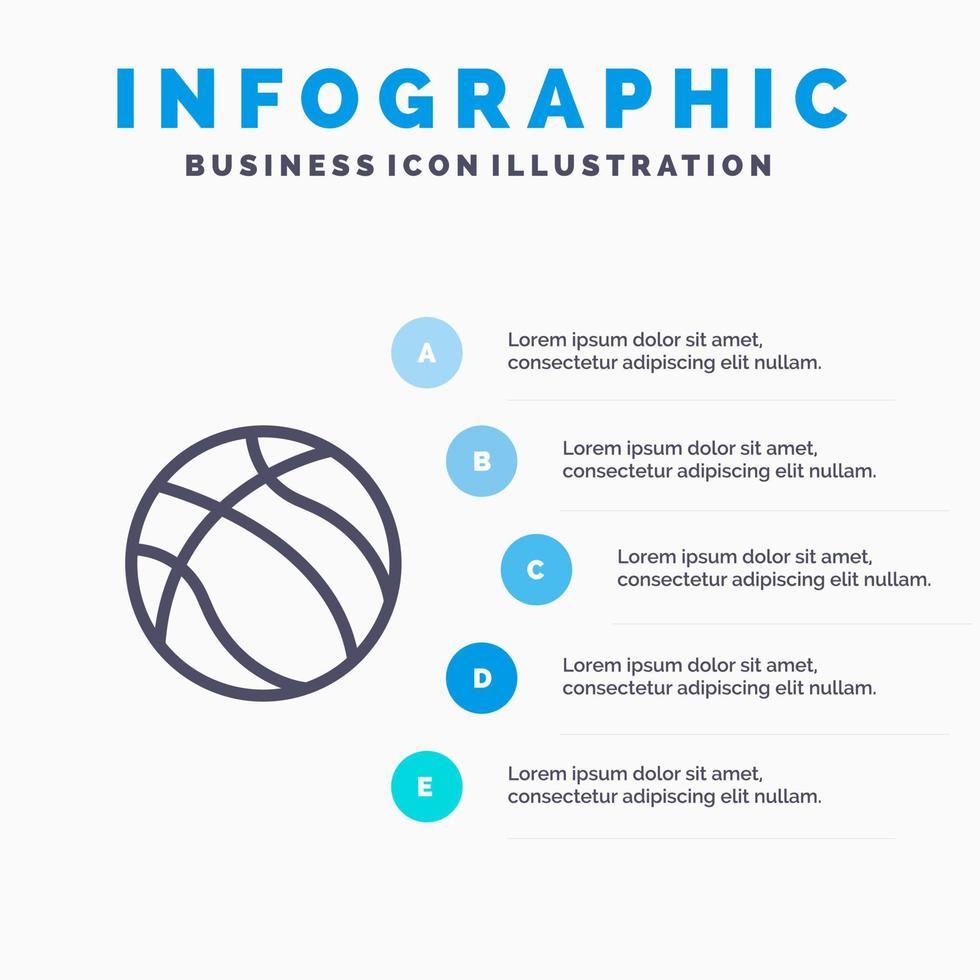 bola baloncesto nba deporte línea icono con 5 pasos presentación infografía fondo vector