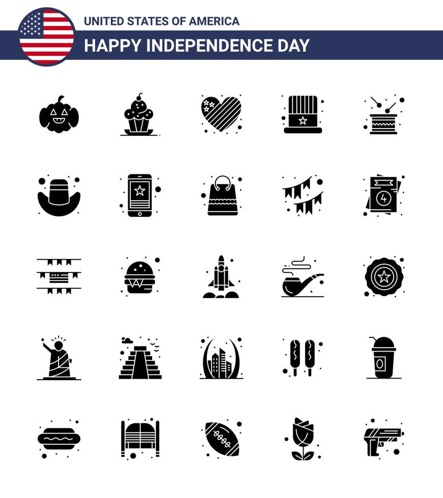 Set of 25 Vector Solid Glyph on 4th July USA Independence Day such as drum usa american hat american Editable USA Day Vector Design Elements