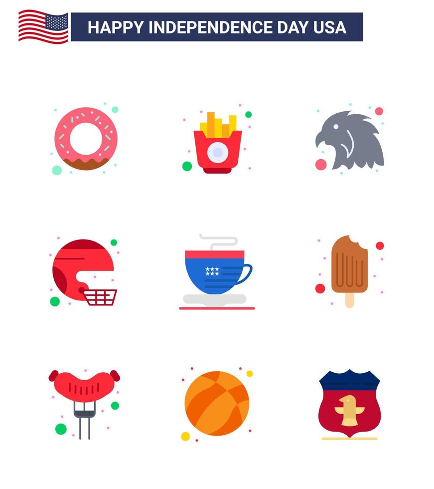 Pack of 9 USA Independence Day Celebration Flats Signs and 4th July Symbols such as cup united bird state helmet Editable USA Day Vector Design Elements