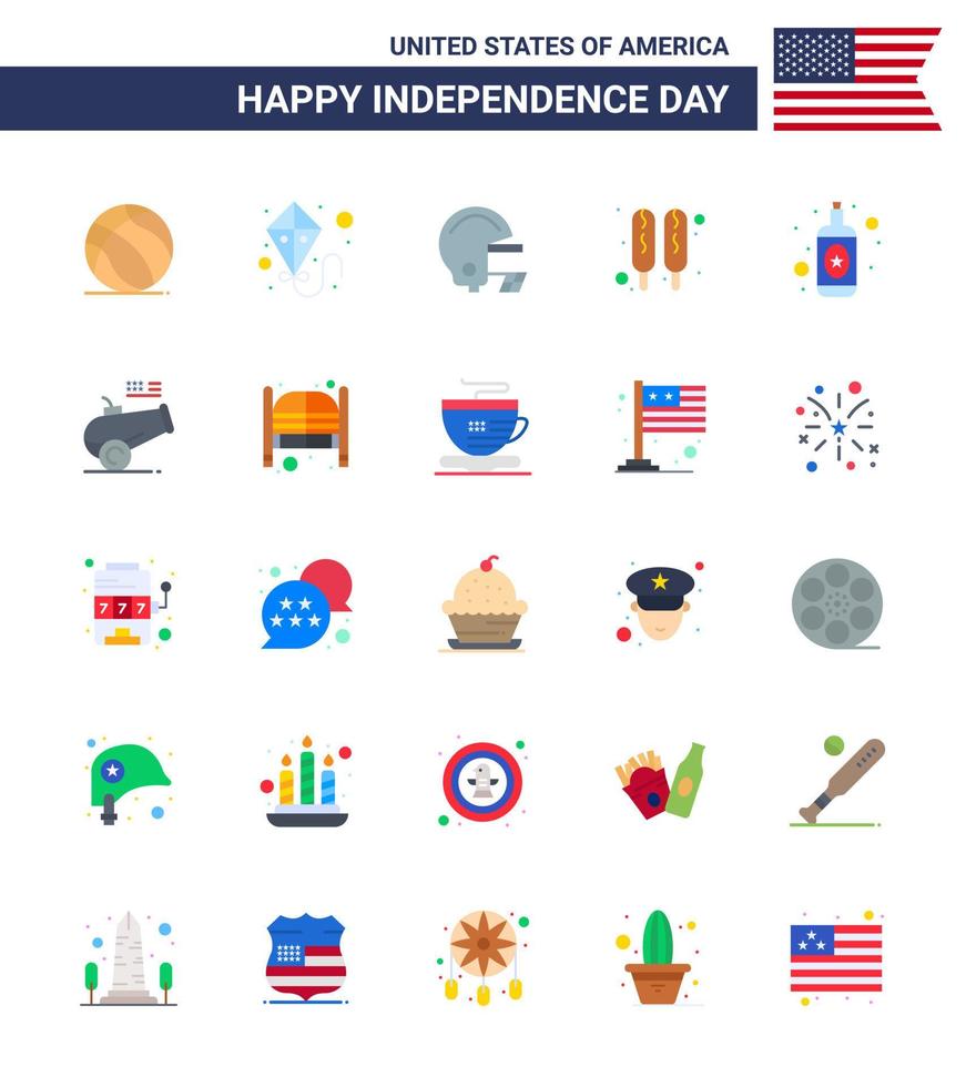 4th July USA Happy Independence Day Icon Symbols Group of 25 Modern Flats of cannon wine football bottle food Editable USA Day Vector Design Elements