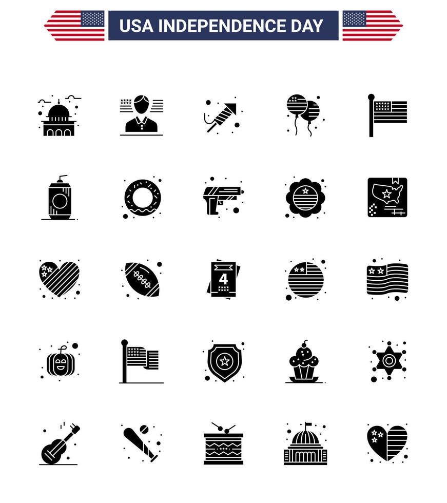 Modern Set of 25 Solid Glyph and symbols on USA Independence Day such as states american fire work fly bloon Editable USA Day Vector Design Elements