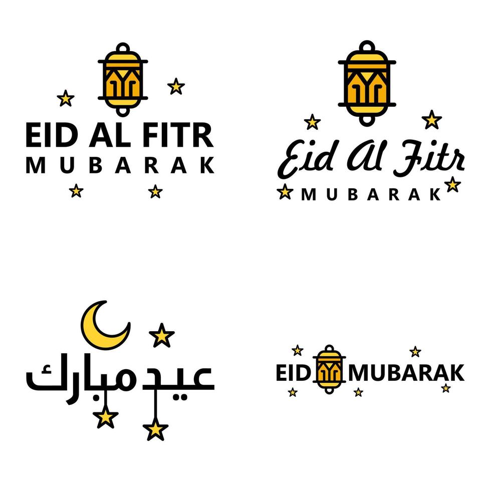 Eid Mubarak Handwritten Lettering Vector Pack of 4 Calligraphy with Stars Isolated On White Background for Your Design