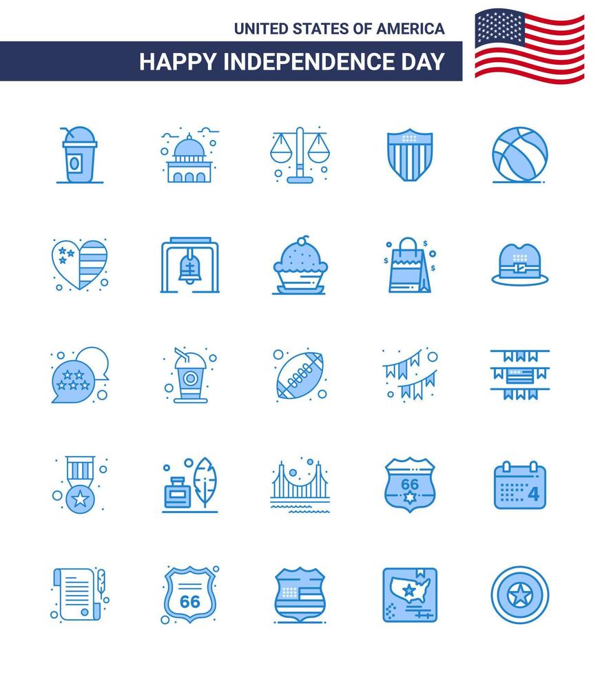 Happy Independence Day Pack of 25 Blues Signs and Symbols for football seurity white shield scale Editable USA Day Vector Design Elements