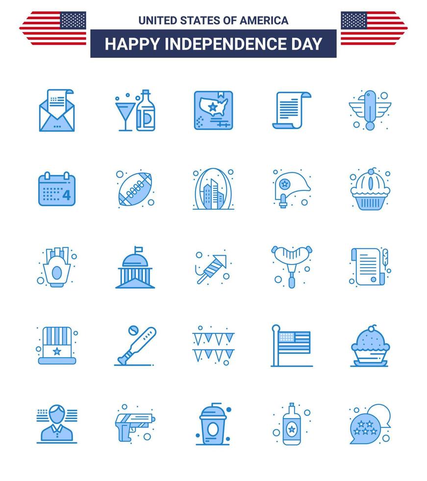 Happy Independence Day Pack of 25 Blues Signs and Symbols for usa text bottle file map Editable USA Day Vector Design Elements