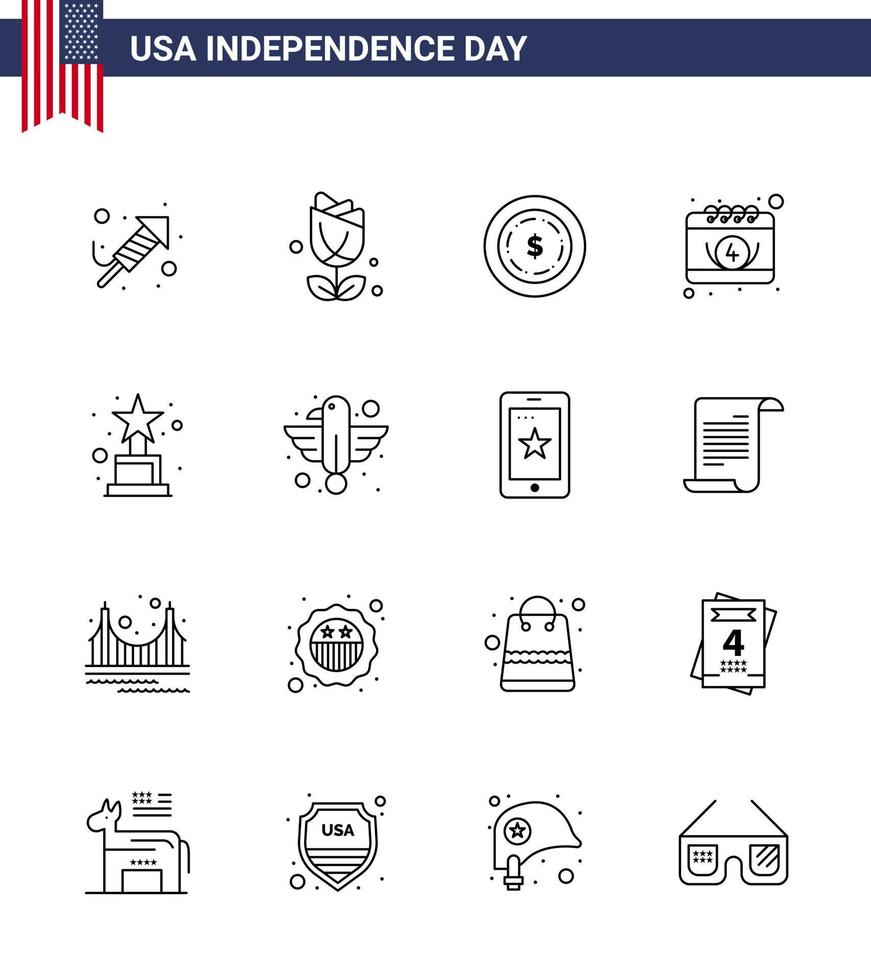 Happy Independence Day 4th July Set of 16 Lines American Pictograph of trophy achievement american day calendar Editable USA Day Vector Design Elements