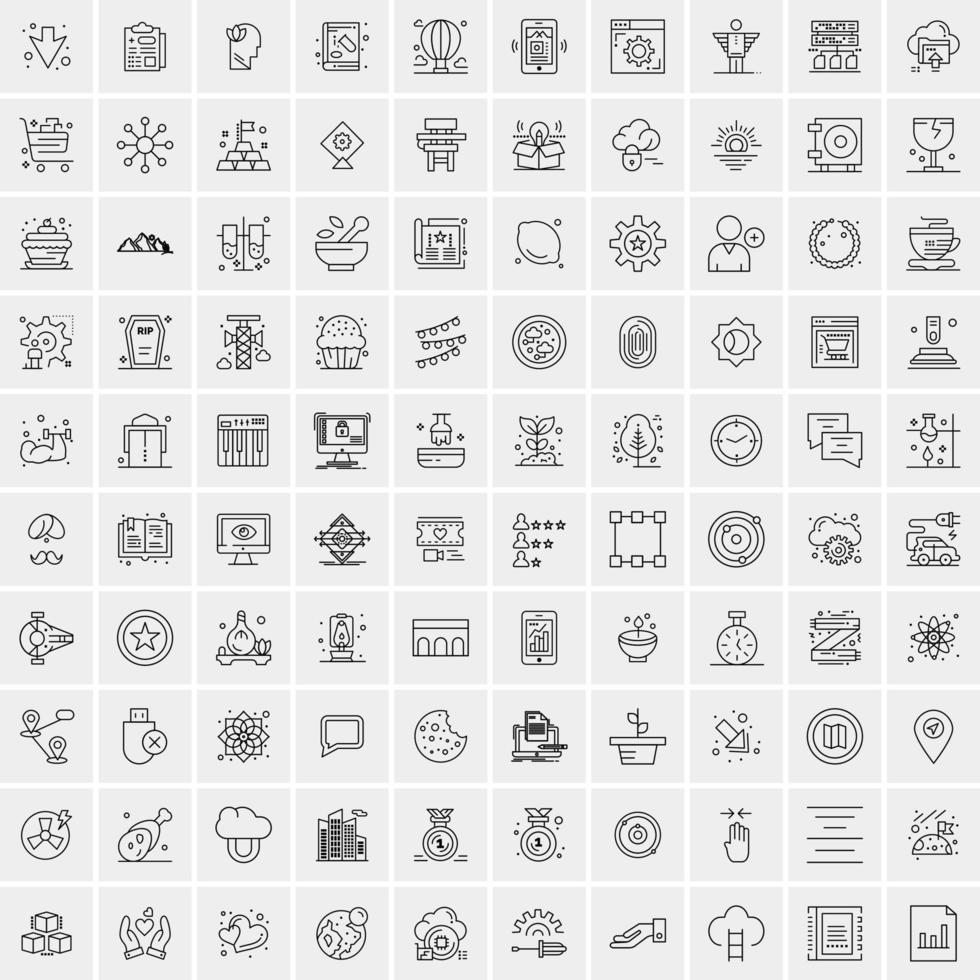 100 Universal Black Line Icons on White Background vector