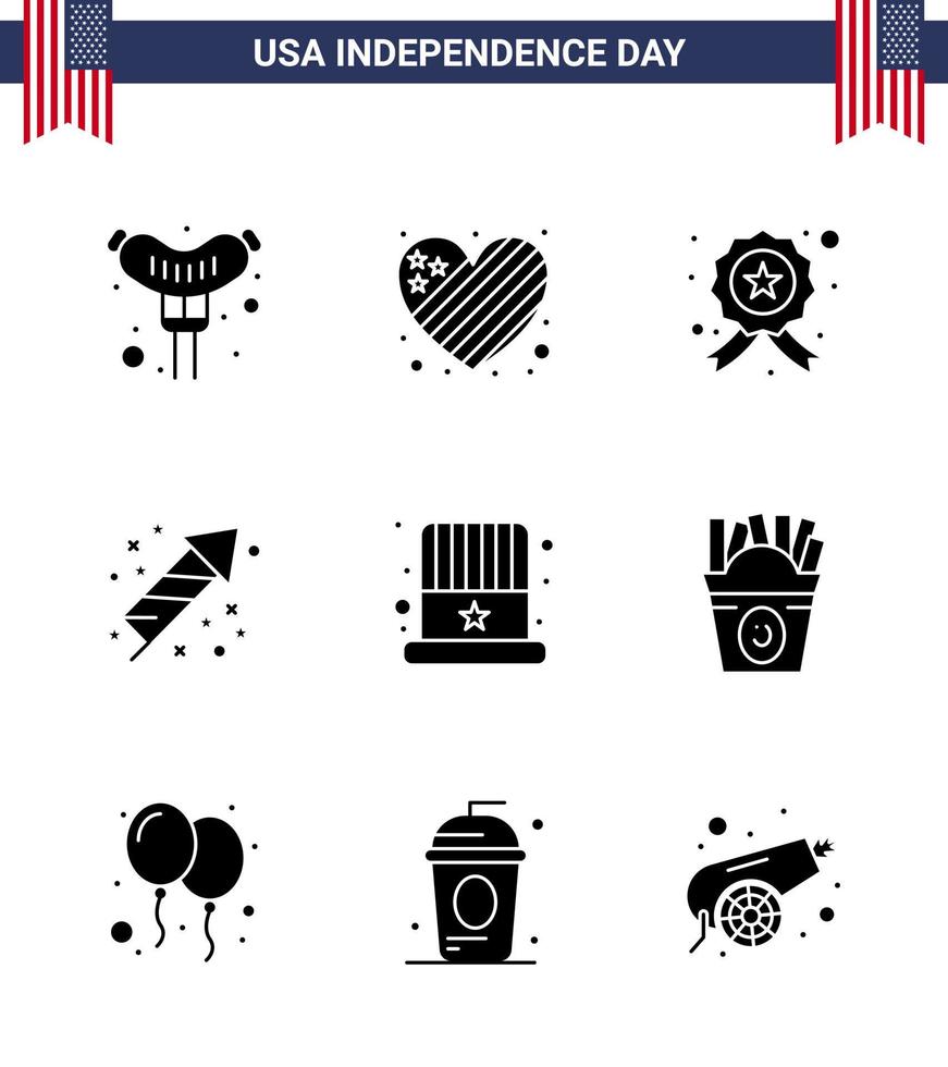 usa feliz día de la independencia pictograma conjunto de 9 glifos sólidos simples de sombrero americano investigando vacaciones festividad editable usa día elementos de diseño vectorial vector