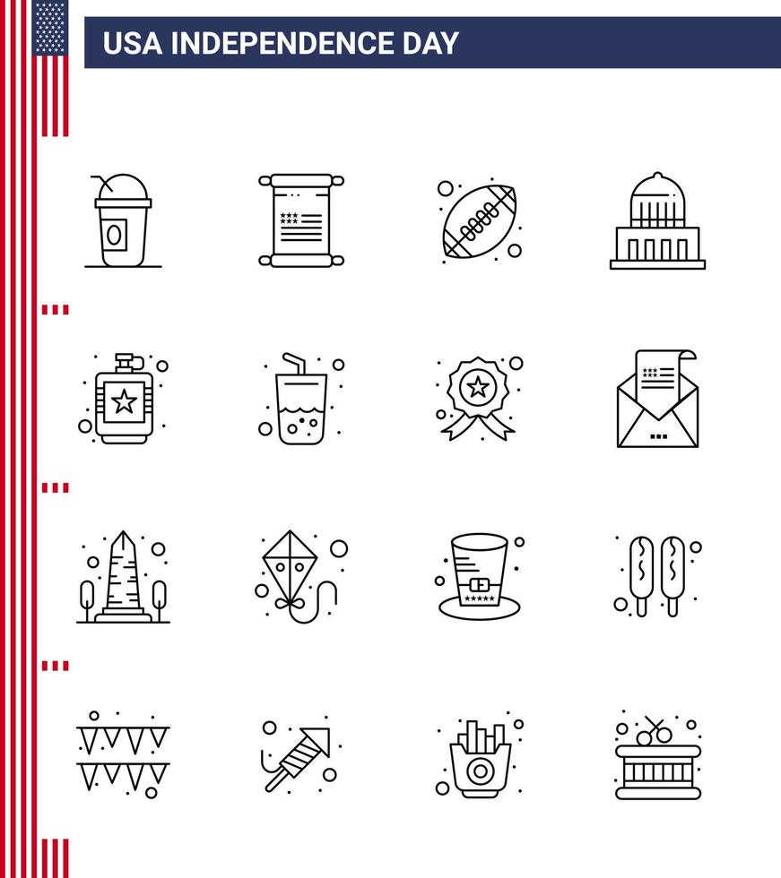 Set of 16 USA Day Icons American Symbols Independence Day Signs for drink usa ball landmark building Editable USA Day Vector Design Elements