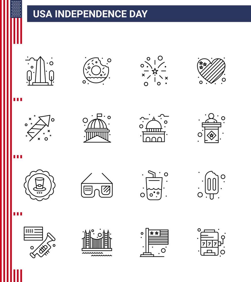 paquete de iconos de vector de stock de día americano 16 signos y símbolos de línea para celebración corazón comida bandera usa elementos de diseño de vector de día de estados unidos editables