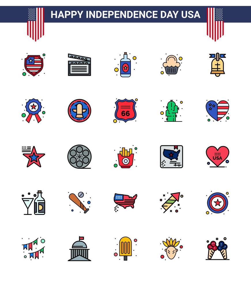 25 USA Flat Filled Line Pack of Independence Day Signs and Symbols of usa ring bottle ball sweet Editable USA Day Vector Design Elements