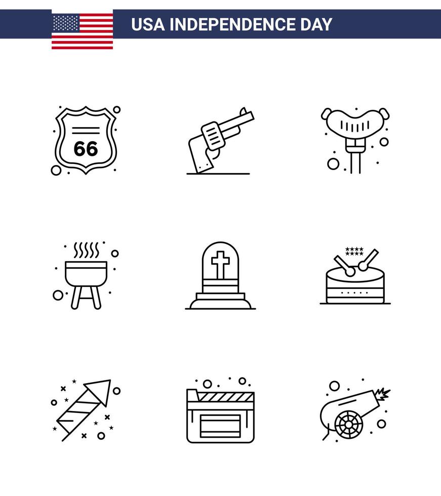 Set of 9 Vector Lines on 4th July USA Independence Day such as rip grave food death bbq Editable USA Day Vector Design Elements