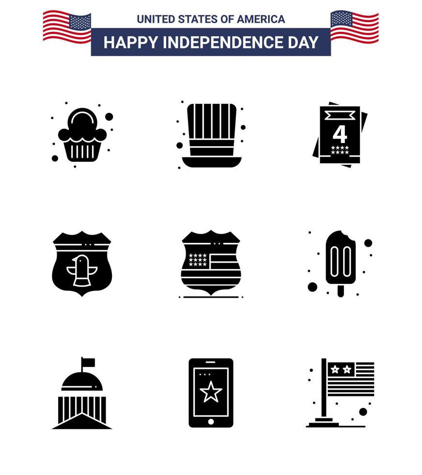 Pack of 9 creative USA Independence Day related Solid Glyphs of usa shield invitation security usa Editable USA Day Vector Design Elements