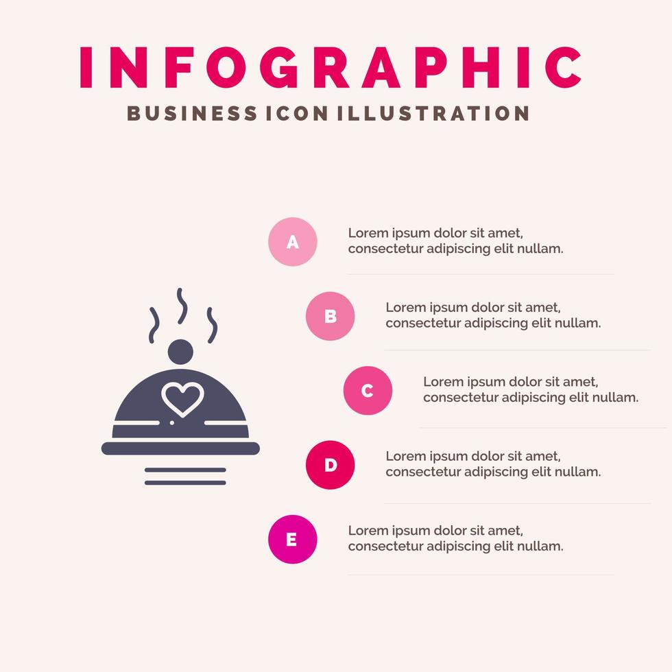 cena comida barbacoa amor san valentín sólido icono infografía 5 pasos presentación antecedentes vector