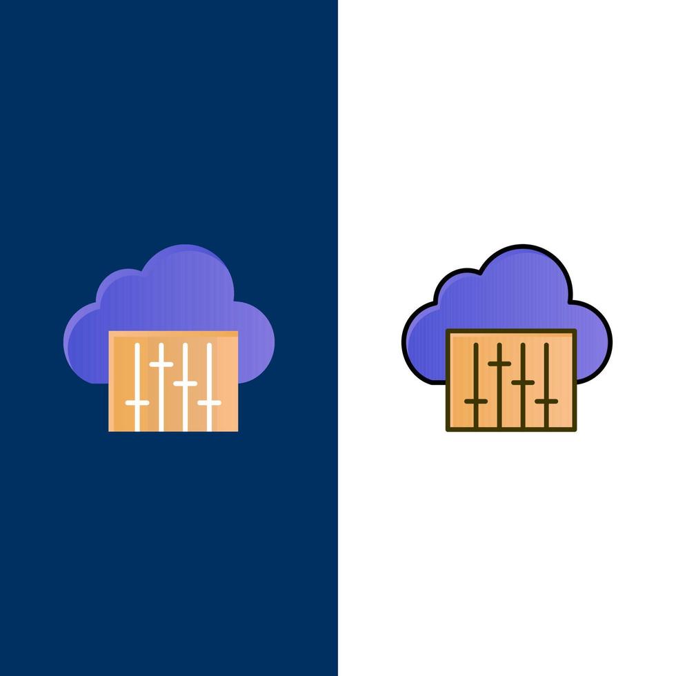 conexión a la nube música audio iconos plano y línea llena conjunto de iconos vector fondo azul