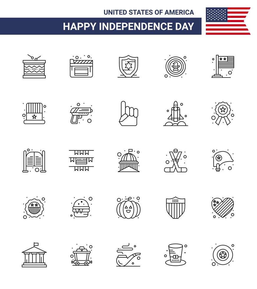 Group of 25 Lines Set for Independence day of United States of America such as flag badge american eagle bird Editable USA Day Vector Design Elements