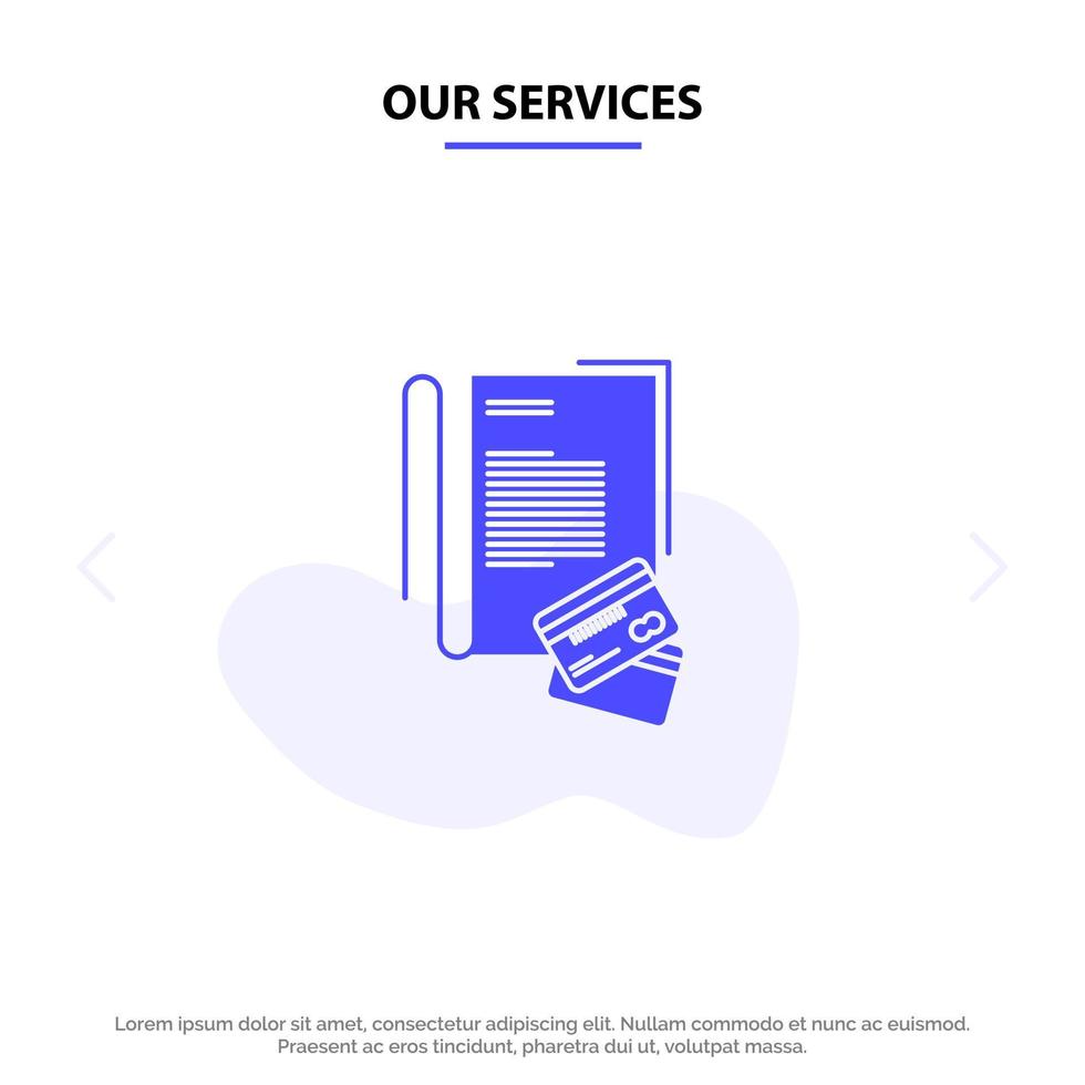 Our Services Note Notebook Cards Credit  Solid Glyph Icon Web card Template vector