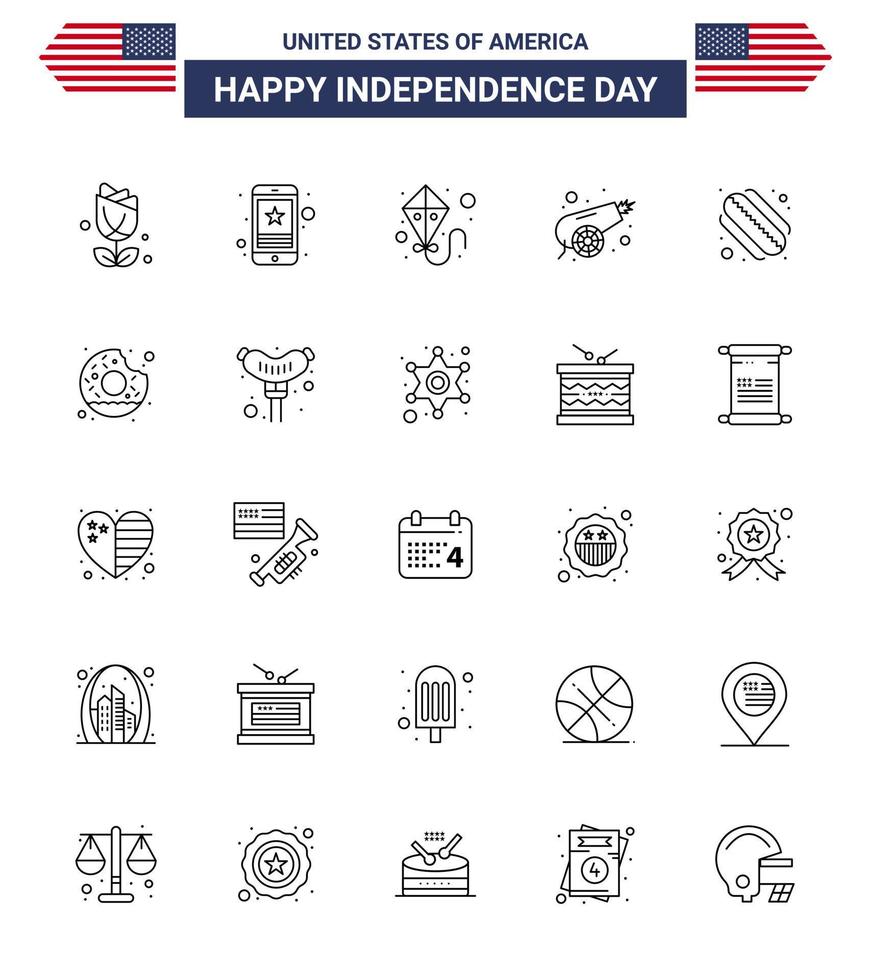 25 USA Line Pack of Independence Day Signs and Symbols of hotdog weapon phone war army Editable USA Day Vector Design Elements