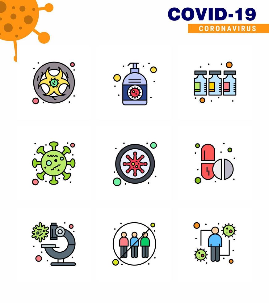 conjunto de iconos covid19 para el paquete de color plano infográfico de 9 líneas rellenas, como la propagación de epidemias mano corona medicina coronavirus viral 2019nov enfermedad vector elementos de diseño