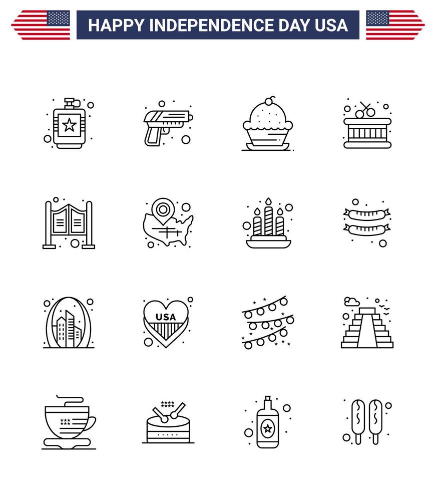 conjunto de 16 líneas vectoriales el 4 de julio, día de la independencia de estados unidos, como instrumento de puerta, arma, tambor, dulce, editable, día de estados unidos, elementos de diseño vectorial vector