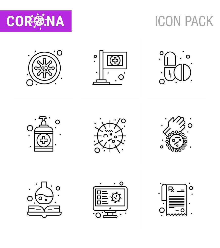 9 Line Coronavirus Covid19 Icon pack such as mers flu pills care soap viral coronavirus 2019nov disease Vector Design Elements