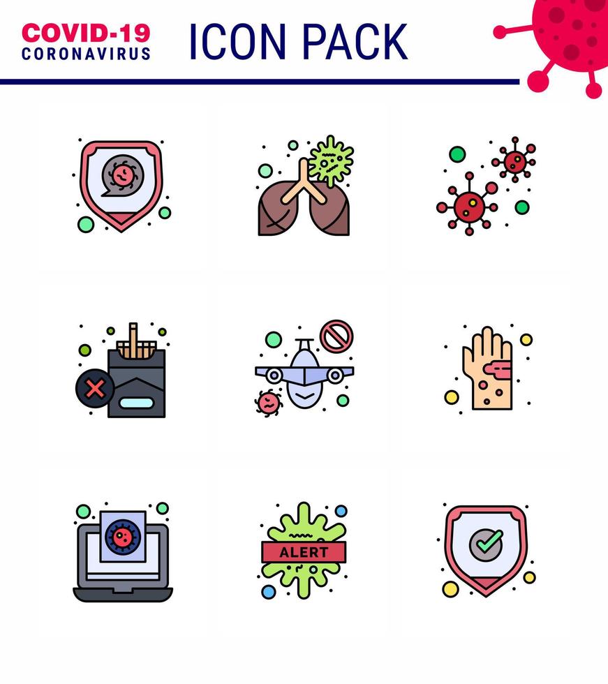 Covid19 Protection CoronaVirus Pendamic 9 Filled Line Flat Color icon set such as plane smoking bacteria no virus viral coronavirus 2019nov disease Vector Design Elements