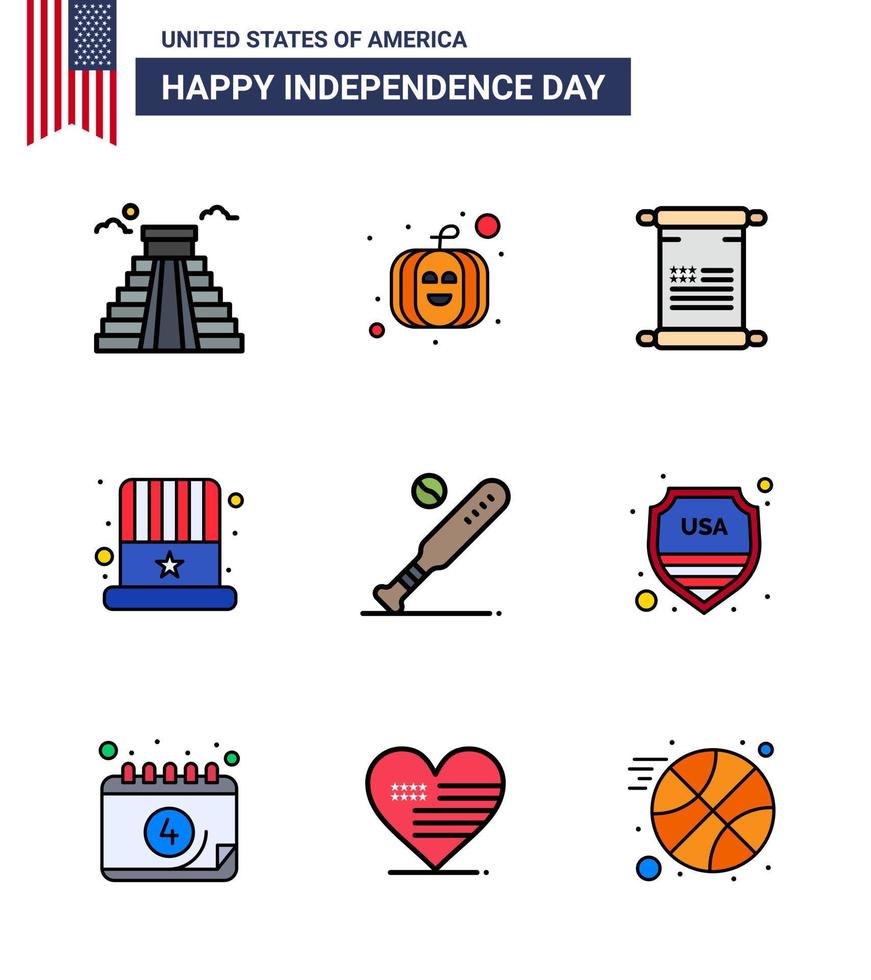 feliz día de la independencia paquete de iconos de 9 líneas rellenas planas para web e imprimir texto de bola de murciélago gorra de estados unidos elementos de diseño vectorial editables del día de estados unidos vector