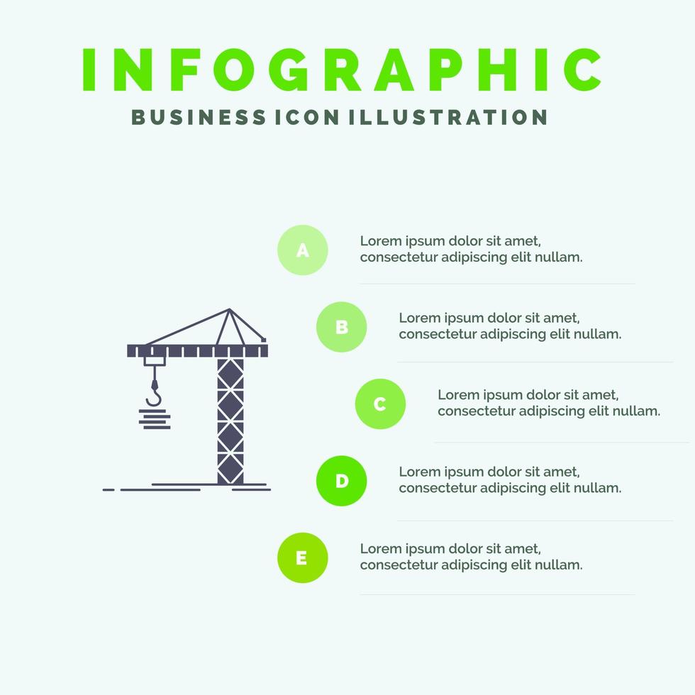 Crane Building Construction Constructing Tower Solid Icon Infographics 5 Steps Presentation Background vector