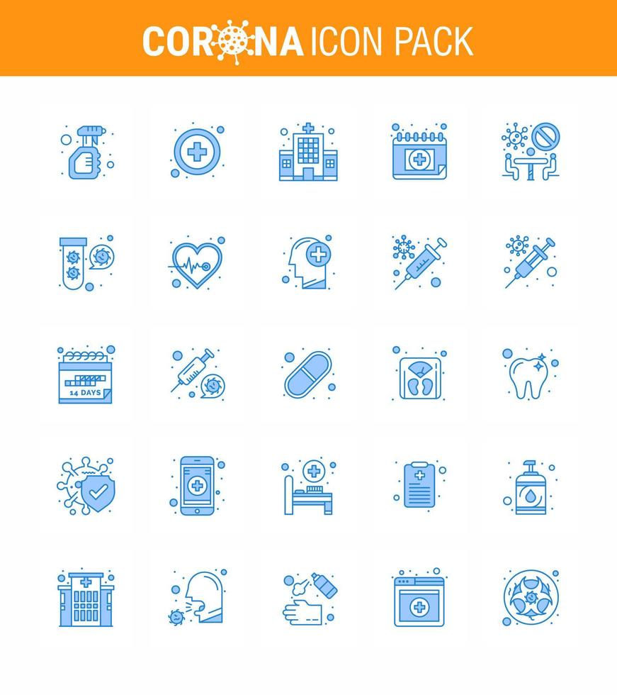 Covid19 icon set for infographic 25 Blue pack such as conference schudule health care medical appointment viral coronavirus 2019nov disease Vector Design Elements