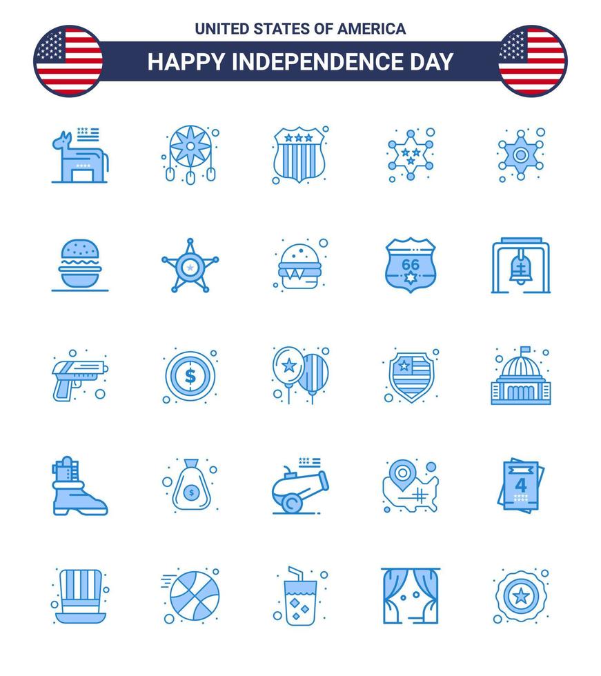Happy Independence Day 25 Blues Icon Pack for Web and Print star men badge star military Editable USA Day Vector Design Elements