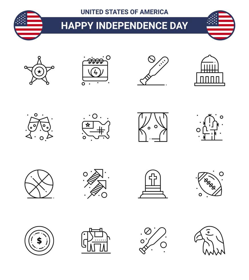 Set of 16 Modern Lines pack on USA Independence Day beer landmark ball city usa Editable USA Day Vector Design Elements