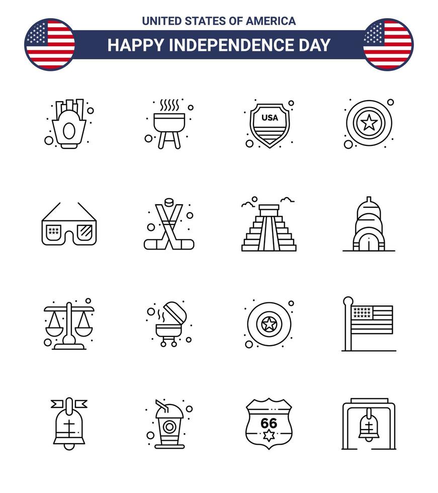 Pack of 16 USA Independence Day Celebration Lines Signs and 4th July Symbols such as imerican sunglasses shield sign police Editable USA Day Vector Design Elements