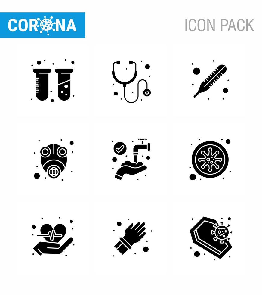 Corona virus 2019 and 2020 epidemic 9 Solid Glyph Black icon pack such as medical protect temperature virus mask viral coronavirus 2019nov disease Vector Design Elements