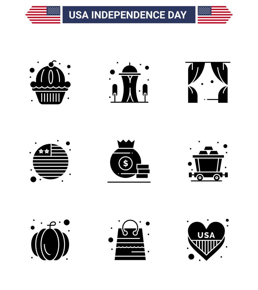 Modern Set of 9 Solid Glyphs and symbols on USA Independence Day such as money dollar entertainment international flag country Editable USA Day Vector Design Elements