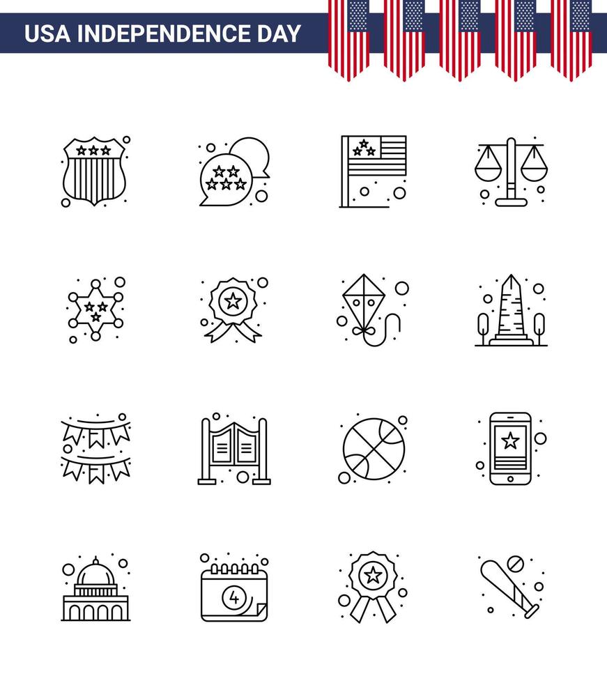 16 señales de línea para el día de la independencia de EE. UU. Placa de policía Justicia a escala nacional Elementos de diseño vectorial editables del día de EE. UU. vector