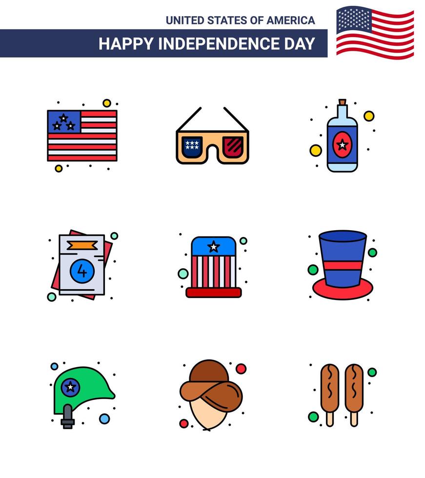 4th July USA Happy Independence Day Icon Symbols Group of 9 Modern Flat Filled Lines of hat entertainment bottle circus usa Editable USA Day Vector Design Elements
