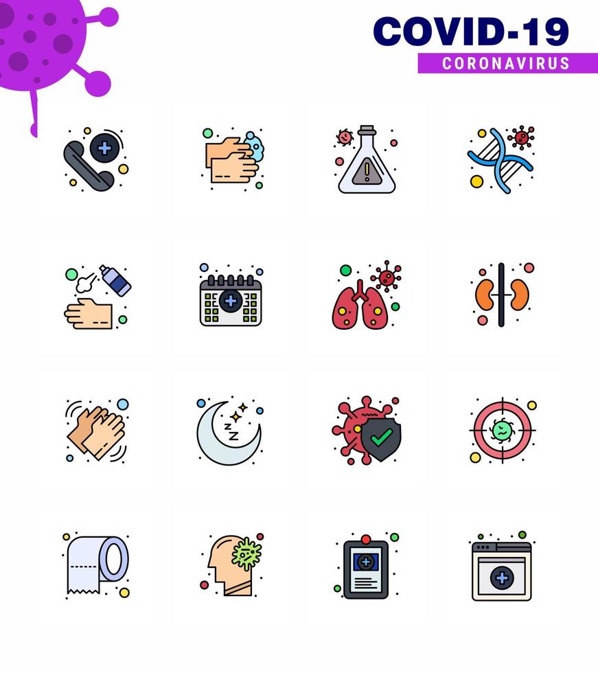 iconos de conjunto de prevención de coronavirus 16 icono de línea llena de color plano, como agua de hebra de pulverización manual, adn genómico, coronavirus viral 2019nov, elementos de diseño de vectores de enfermedad