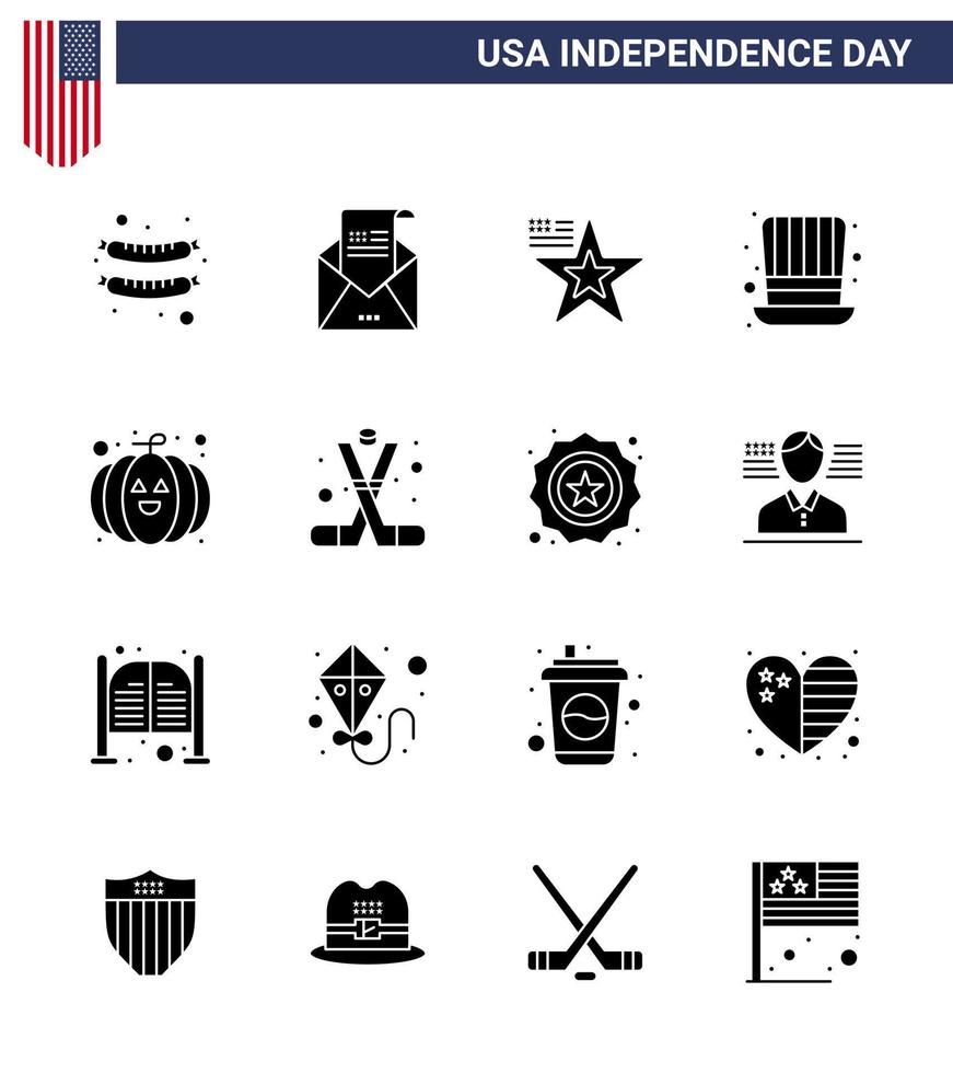 feliz día de la independencia 16 paquete de iconos de glifos sólidos para web e imprimir elementos de diseño vectorial editables del día de los presidentes de la estrella de estados unidos de calabaza vector