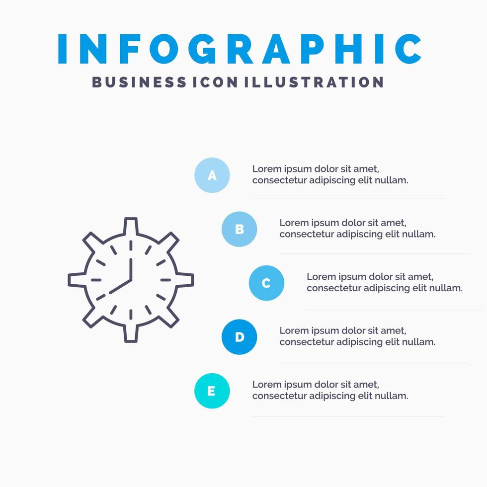 reloj fecha límite tiempo reloj sincronización reloj trabajo línea icono con 5 pasos presentación infografía fondo vector