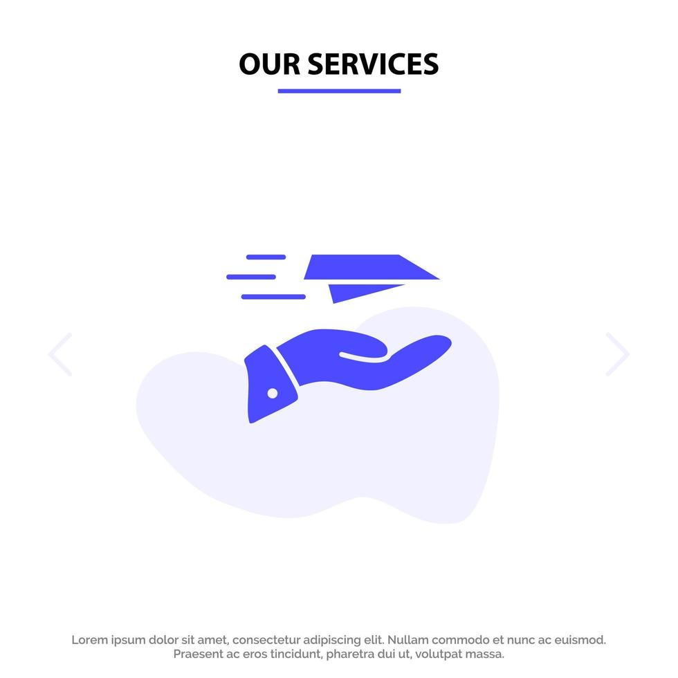 Our Services Hand Mail Paper Plane Plane Receive Solid Glyph Icon Web card Template vector