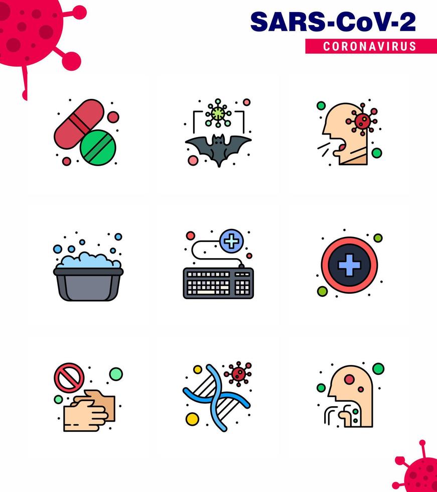 9 Filled Line Flat Color viral Virus corona icon pack such as soapy water hand washing virus basin people viral coronavirus 2019nov disease Vector Design Elements