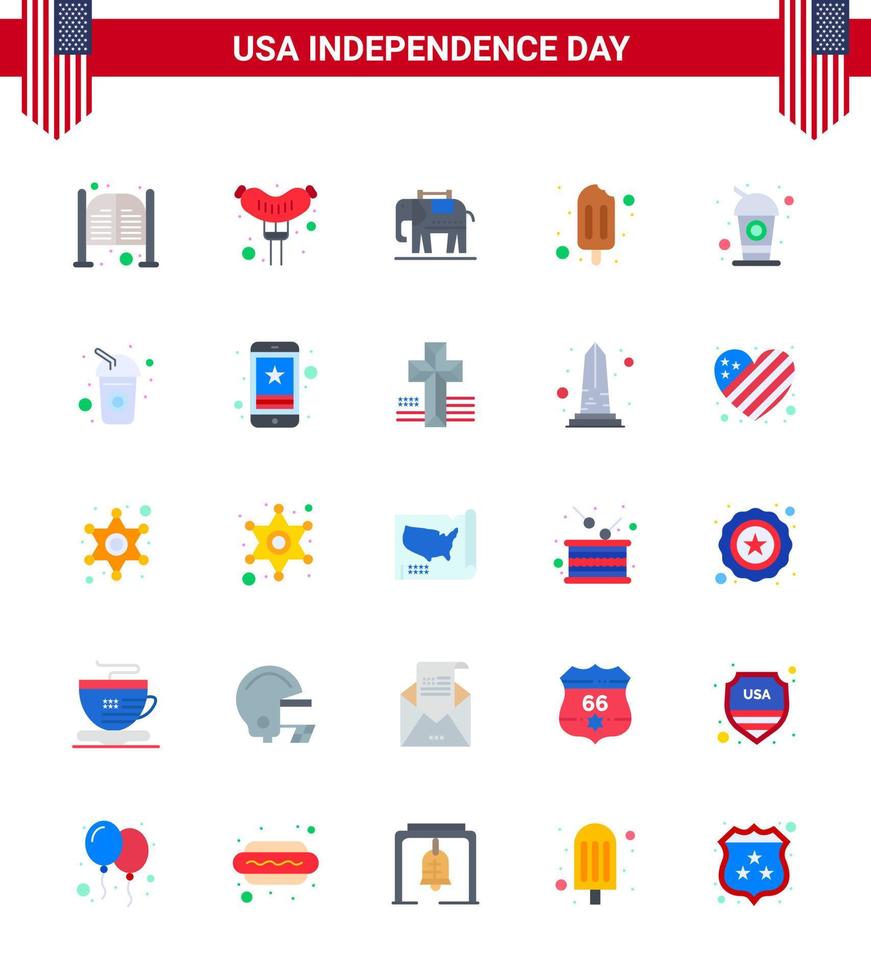 Big Pack of 25 USA Happy Independence Day USA Vector Flats and Editable Symbols of soda cola elephent bottle popsicle Editable USA Day Vector Design Elements