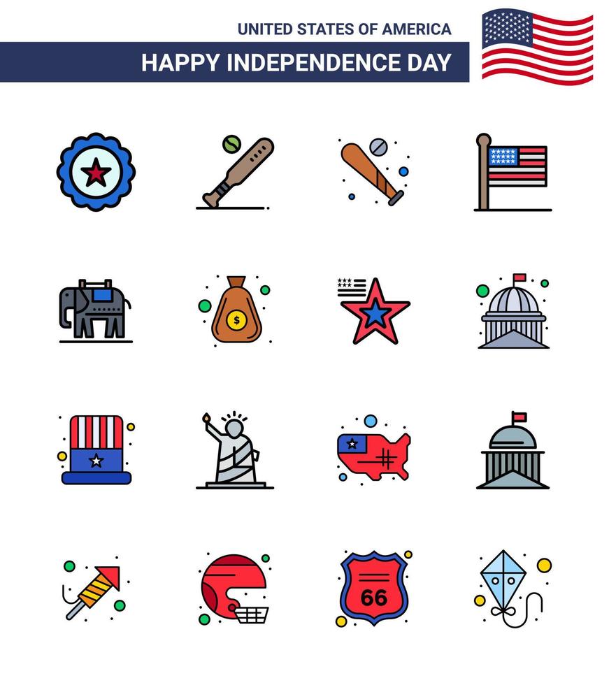 16 USA Flat Filled Line Pack of Independence Day Signs and Symbols of money usa usa american usa Editable USA Day Vector Design Elements