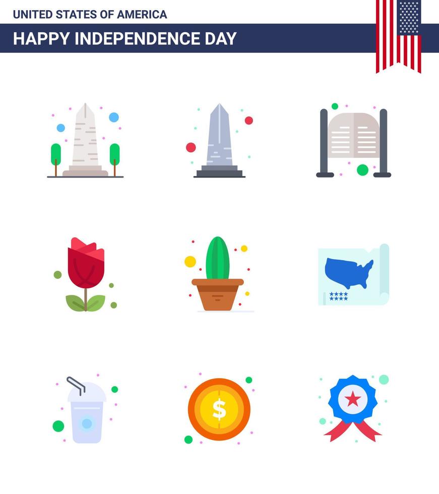 grupo de 9 pisos establecidos para el día de la independencia de los estados unidos de américa, como el día de la flor de maceta cactus usa elementos de diseño vectorial editables del día de usa vector