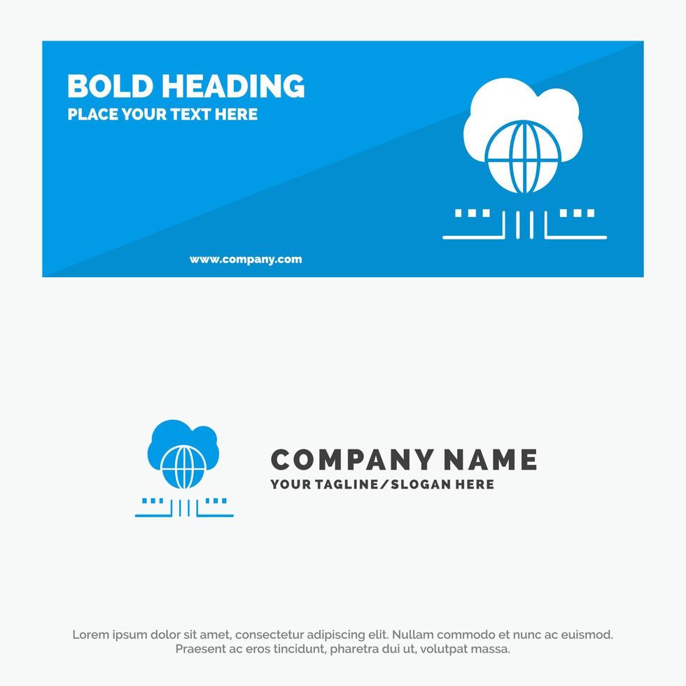banner de sitio web de icono sólido de nube de red de marketing mundial y plantilla de logotipo de empresa vector