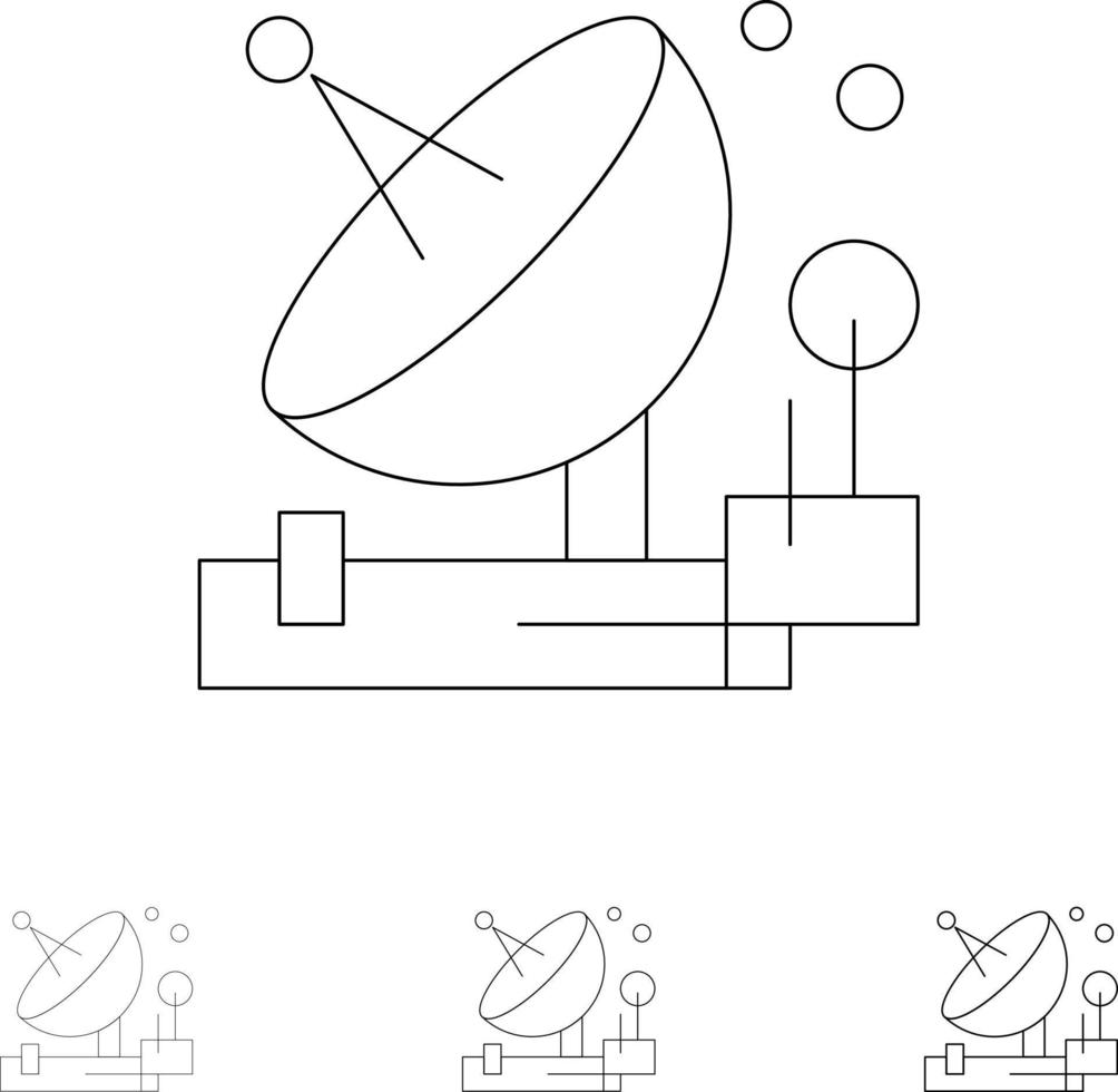 conjunto de iconos de línea negra delgada y audaz del espacio satelital parabólico de comunicación de antena vector