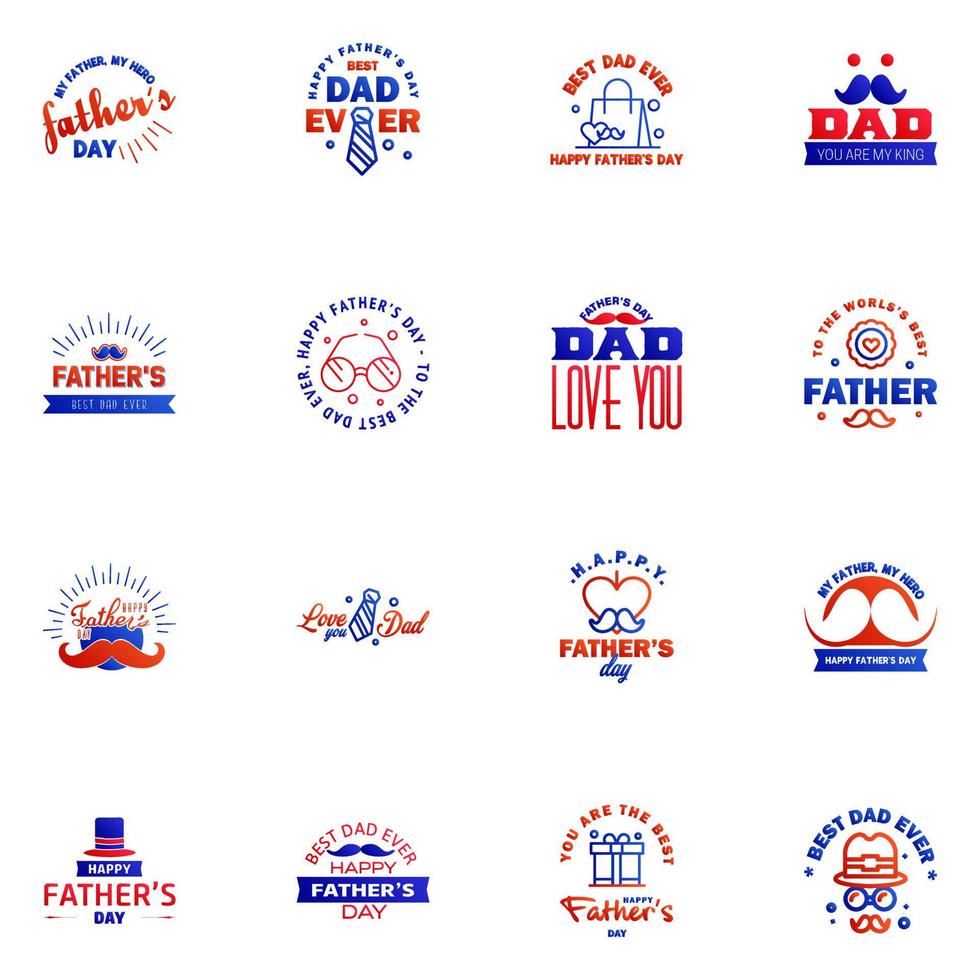 16 conjunto azul y rojo de vector feliz día del padre tipografía iconos vintage letras para tarjetas de felicitación pancartas diseño de camiseta elementos de diseño vectorial editables del día del padre